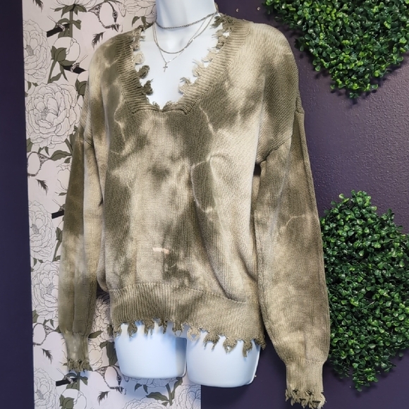 Fantastic Fawn Sweaters - Fantastic Fawn Olive Distressed V-Neck Sweater